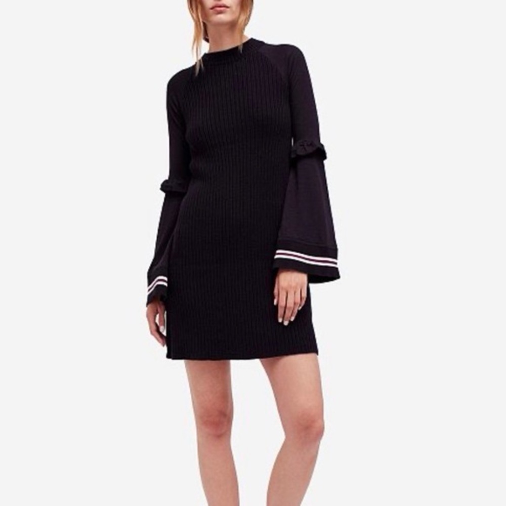 Free People Zou Bisou Knit Mini Dress with bell sleeves and striped cuffs